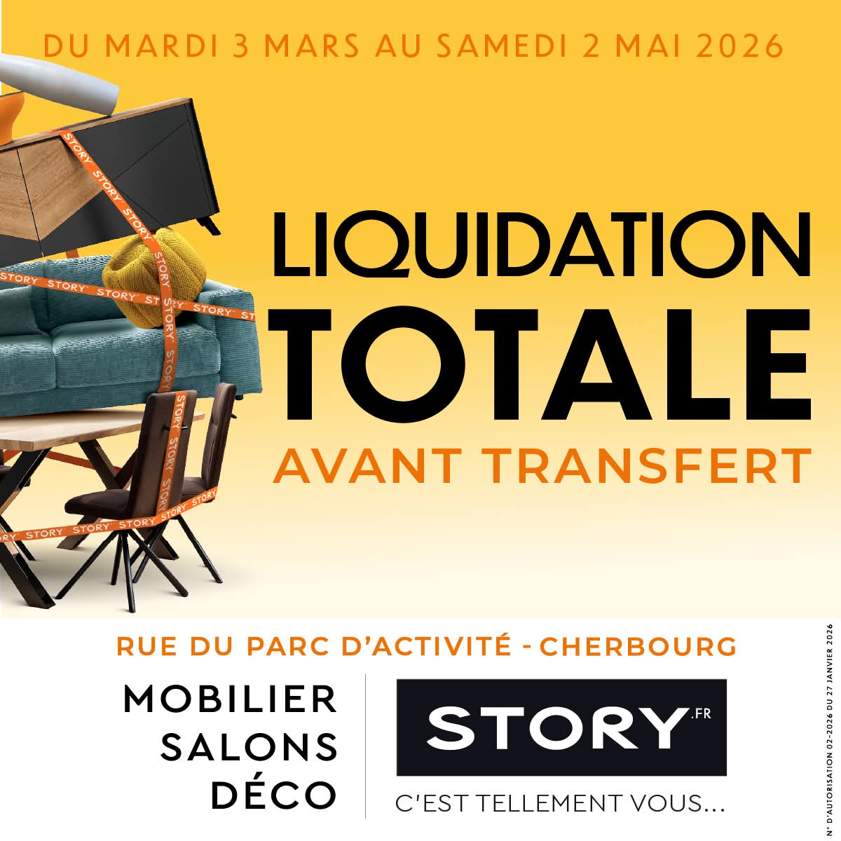 Liquidation pour transfert STORY Cherbourg, mobilier contemporain et tendance � Cherbourg-en-Cotentin, zone Cap Nor, offre sp�ciale, meubles en r�duction, d�m�nagement du magasin, mars � mai 2026
